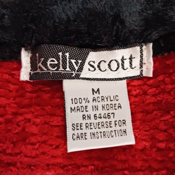 Kelly Scott, Red Zip Front Cardigan W/ Black Faux Fur Collar Size Medium Festive - Picture 2 of 16